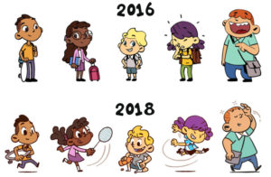 Nicolas a créé une palette de personnages pour la nouvelle ligne éditoriale. Voici les cinq personnages des expo-quiz® junior en 2016, puis en 2018.