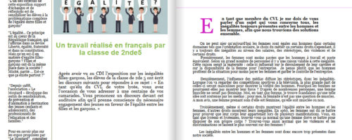 11Début 2018, le lycée Jean Puy à Roanne (42) a accueilli l’expo-quiz® « Égalité filles-garçons, parlons-en ! ». Les élèves de 2nde 5 ont écrit des discours sur l’égalité filles-garçons et les ont rassemblés dans un numéro spécial du journal de leur lycée.